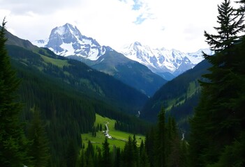 Green valley surrounded by towering, snow-capped mountains under a clear blue sky.