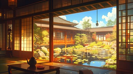 Fototapeta premium Serene view of a traditional Japanese garden from an elegant wooden room.