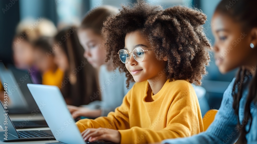 Poster diverse students coding on laptops in modern tech classroom with teacher supervising