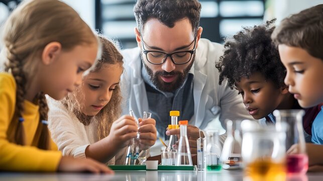 Teacher Guiding Diverse Students in Hands On Science Experiment in Classroom Setting