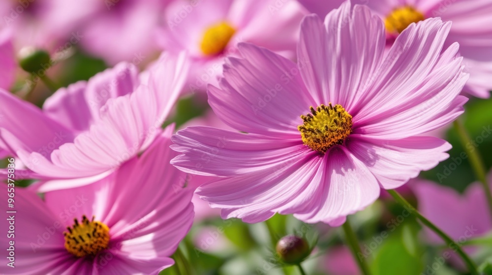 Canvas Prints A close up of a bunch of pink flowers with yellow centers, AI