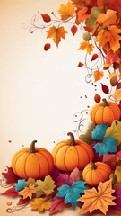 Fototapeta premium Thanksgiving Day background, pumpkins, autumn leaves. Banner, wallpaper, poster, copy space for text.