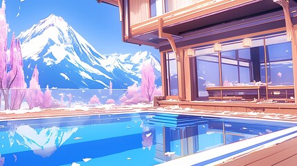 Serene mountain retreat with a glimmering pool in a vibrant landscape.
