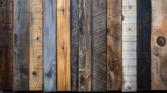 A collection of oak and reclaimed wood planks, elegantly arranged to show contrasting textures and shades, with a rustic, vintage feel