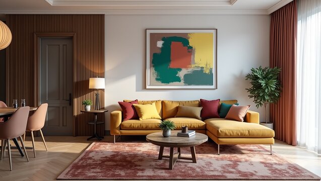 Modern eclectic living room with bold colors and unique artwork in high resolution
