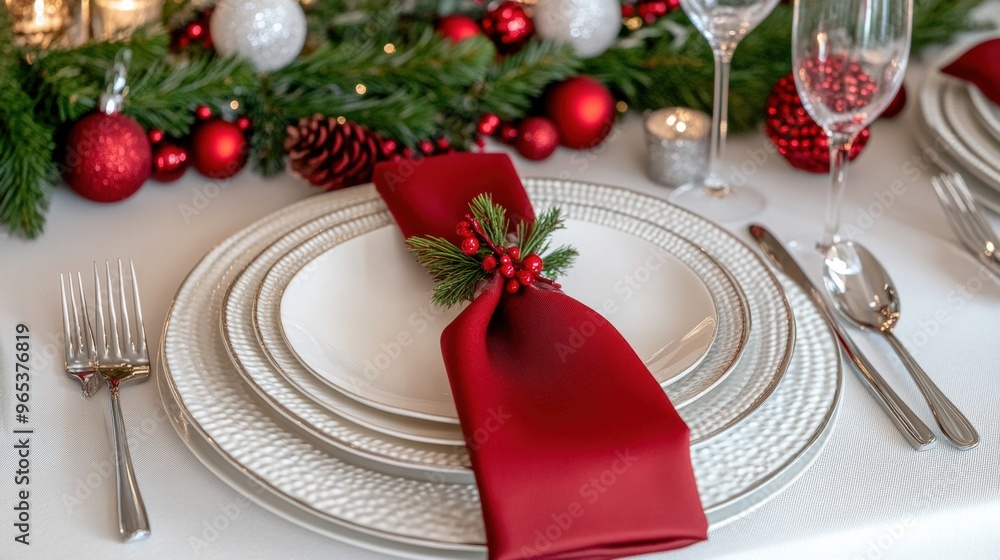 Poster a table setting with a red napkin and silverware, ai