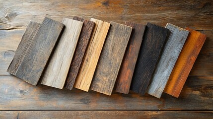 A collection of rustic oak wood swatches, each with different weathered finishes and grain patterns, laid out on a wooden table