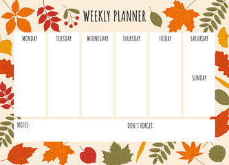 Weekly planner template with autumn background. Vector illustration with autumn elements for planner.  Personal electronic organizer.