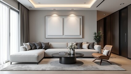 Fototapeta premium Sleek minimalist living room with monochrome decor and striking art piece