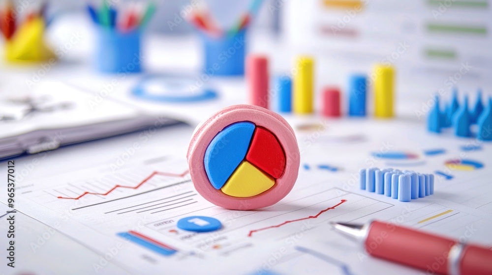 Poster vibrant pie chart on a business desk with various graphs and office supplies, illustrating data anal