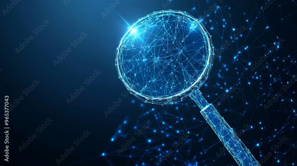Poster polygonal magnifying glass. business concept. vector mesh spheres from flying debris. thin line conc