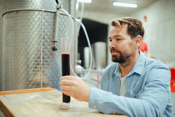 Winemaker standing in the wine cellar, controlling, testing wine sample.