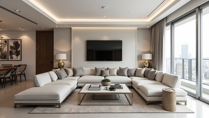 Fototapeta premium Elegant transitional living room blend of modern and classic elements neutral tones