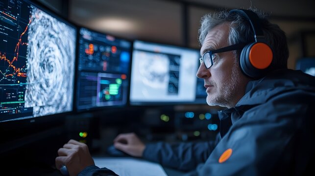 Meteorologist Monitoring Satellite and Radar Data for Weather Forecasting in Lab