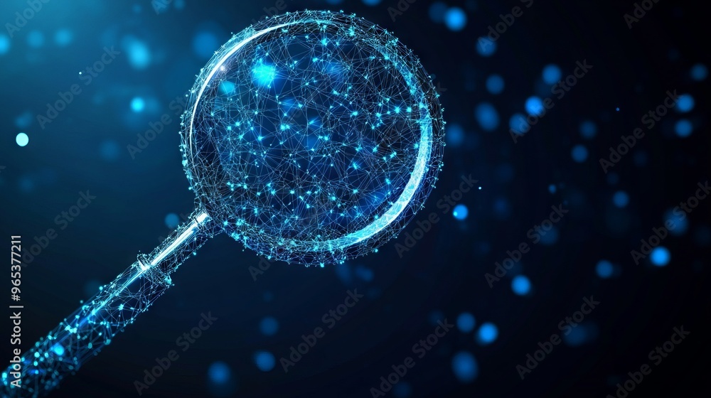 Poster polygonal magnifying glass. business concept. vector mesh spheres from flying debris. thin line conc
