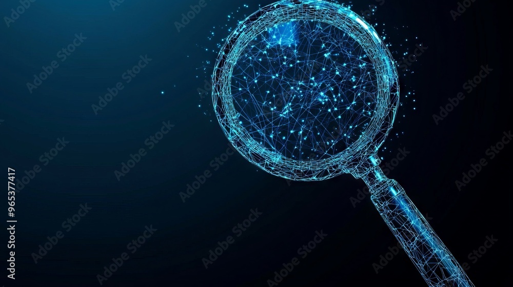 Poster polygonal magnifying glass. business concept. vector mesh spheres from flying debris. thin line conc