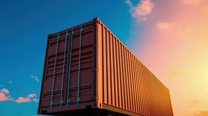A large shipping container against a vibrant sunset sky, symbolizing global trade and transportation.