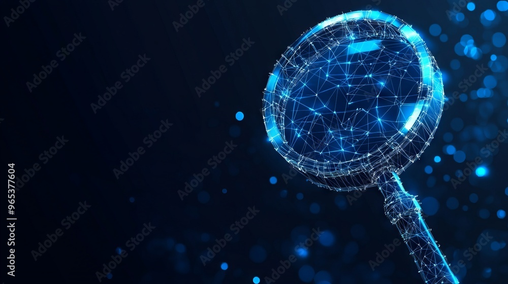 Poster polygonal magnifying glass. business concept. vector mesh spheres from flying debris. thin line conc