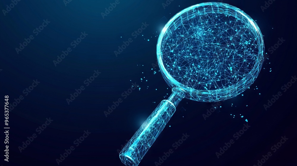 Poster polygonal magnifying glass. business concept. vector mesh spheres from flying debris. thin line conc