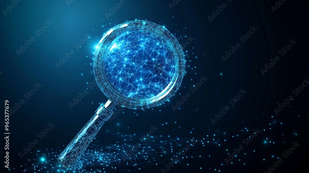 Poster polygonal magnifying glass. business concept. vector mesh spheres from flying debris. thin line conc