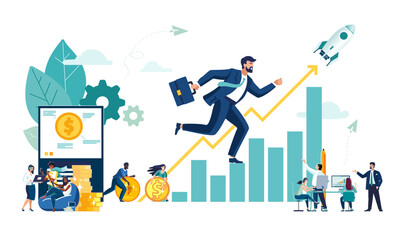 Business vector illustration, office workers studying infographics. Business people, ethnic, financial growth analysis, business development, finding new ideas, teamwork in the company, brainstorming