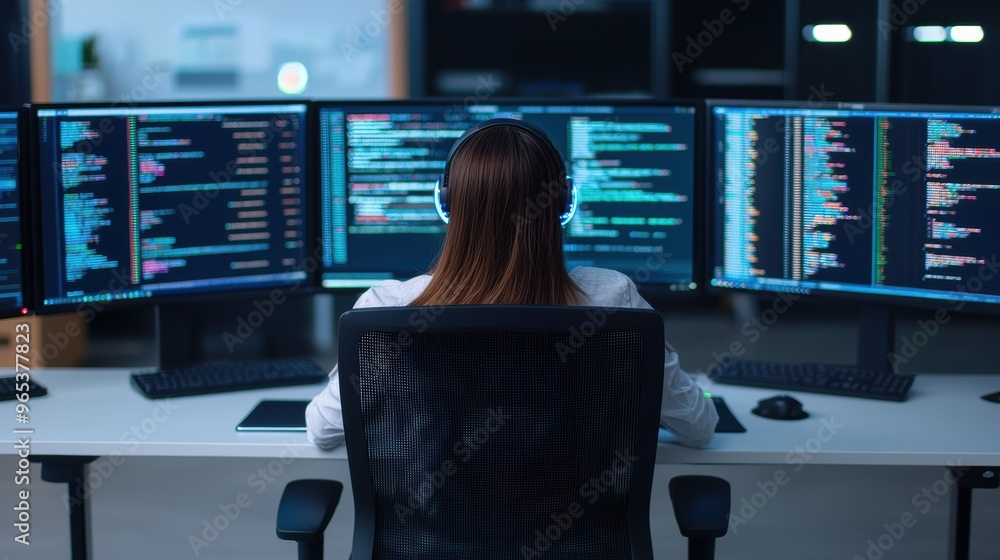 Poster futuristic ai-powered workspace with holographic monitors in simulation
