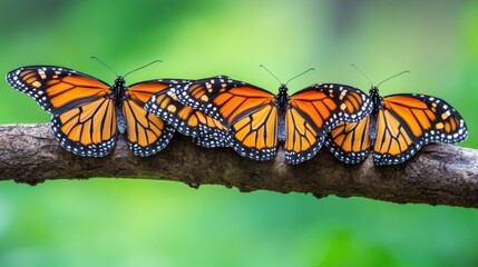 A group of four butterflies sitting on a branch together, AI