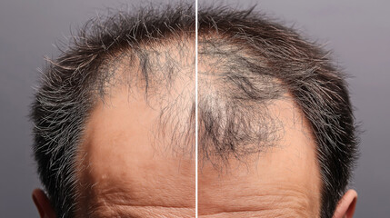 Obraz premium A comparison image showing a man's scalp before and after hair restoration treatment. The left side depicts significant hair loss, while the right side shows improved hair density.