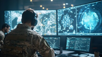 Military Command Center Analyzing Radar Data to Track Enemy Movements in Desert Battlefield