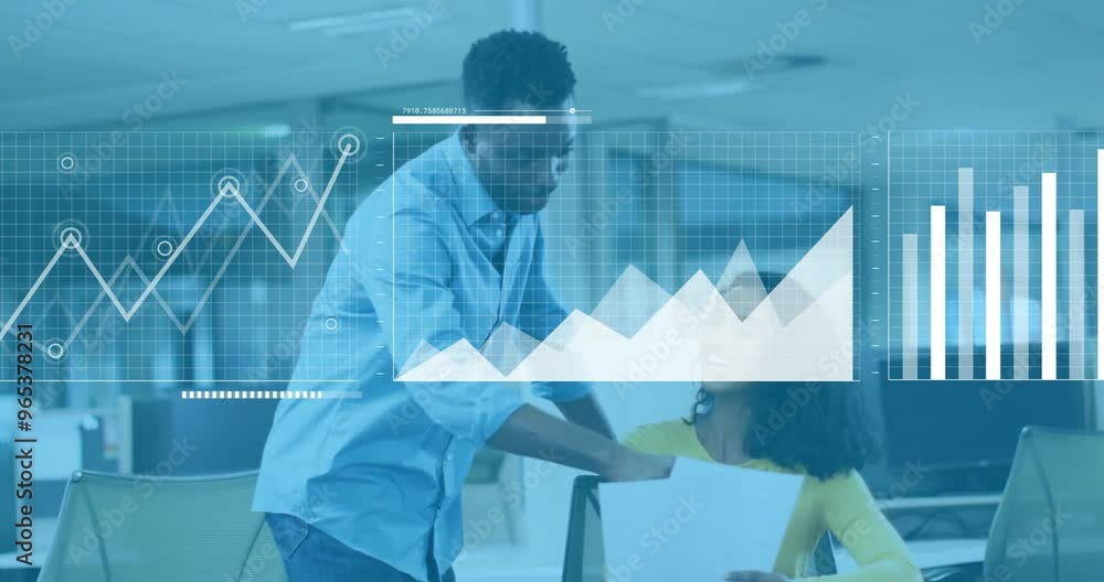 Poster animation of financial data processing over diverse colleagues discussing work in office