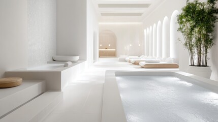 Minimalist Spa Interior with Bathtub and Lounge Chairs