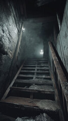 A dark, narrow staircase with a light shining on it. The light is coming from the top of the stairs