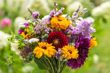 Summer bouquet. Beautiful multi colored fresh flower arrangement. Birthday bouquet made of summer...