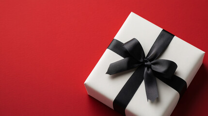 Elegant white gift box with a black ribbon, perfect for various celebrations, against a vibrant red background.