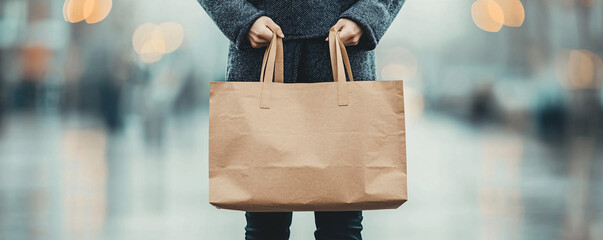Person holding a brown paper bag, walking in an urban environment, showcasing casual lifestyle and shopping activities.