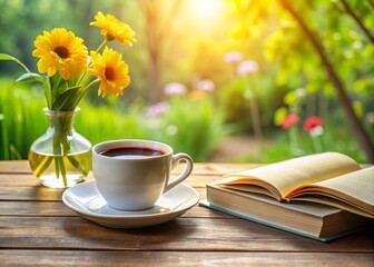 A warm breeze rustles leaves as I sip rich coffee and turn pages, surrounded by lush greenery, a single flower adding a pop of color to my tranquil morning.