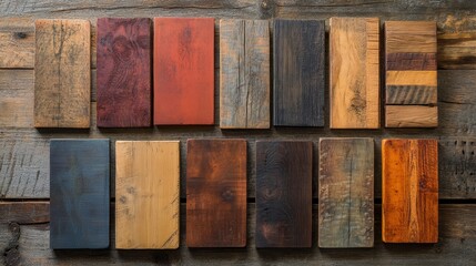 A collection of wooden panels with a mix of natural and stained finishes, arranged in a rustic studio setting, each panel displaying unique wood grain patterns and rich colors