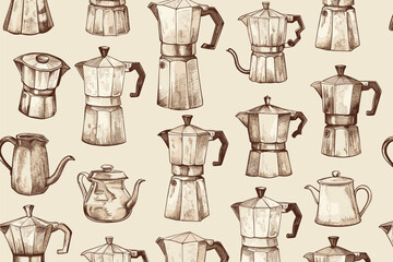 Seamless Pattern with Hand-Drawn Coffee Makers for Kitchen Textile and Wallpaper Designs