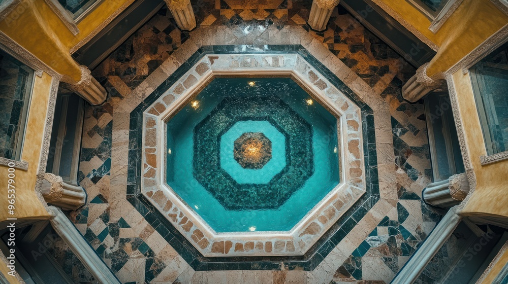 Poster octagonal pool surrounded by stone and tile in a yellow and blue architectural space