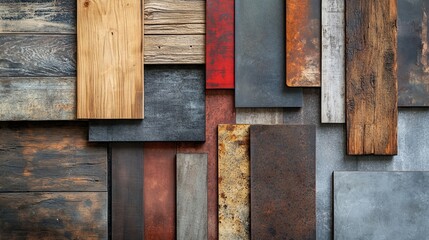 A detailed display of reclaimed wood swatches next to brushed metal sheets and raw concrete surfaces, blending natural and industrial elements