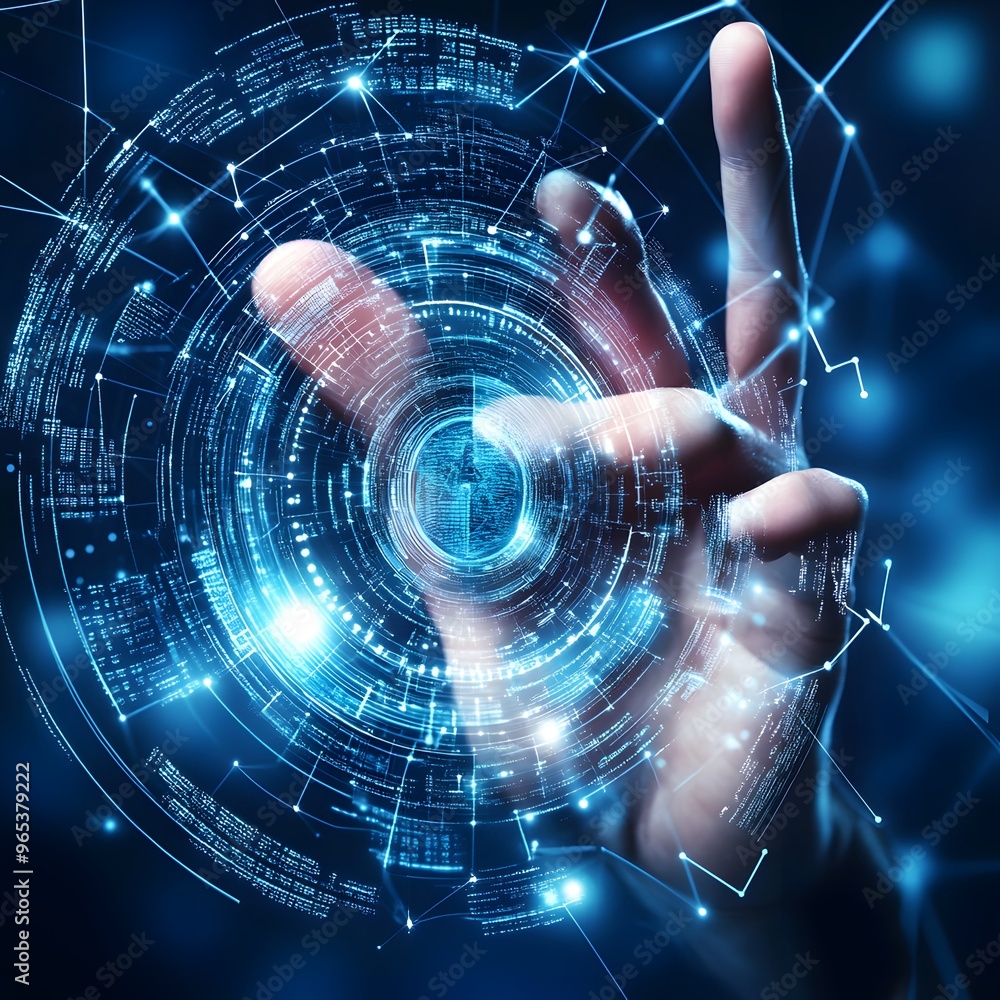 Poster hand interacting with digital data and network.