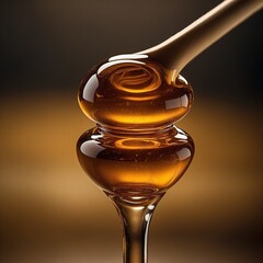 Organic liquid honey sweet wood dipper honeycomb sticky gold colored pouring freshness ingredient dessert sweet food gourmet yellow jar healthy eating flowing glass material studio shot photography