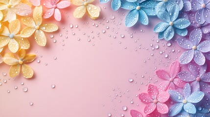 Minimal Flower Border on Pastel Background, Fresh Water Droplets in Top View Design with Space for Branding or Message