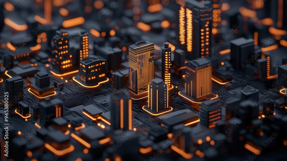 Poster futuristic holographic energy audit and oil consumption analysis in dark urban setting - with glowin