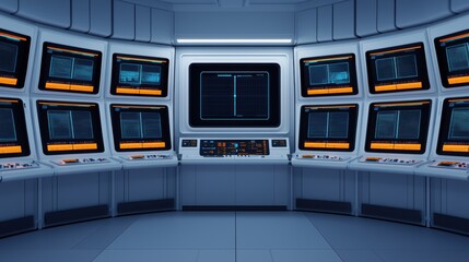 Futuristic Space Exploration Mission Control Room Simulation in Holographic Data