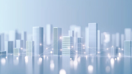 A sleek city model with white structures and vibrant connecting lines, capturing the essence of smart city networks and digital urban innovation.