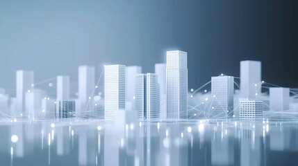 Obraz premium A miniature cityscape with illuminated lines connecting white buildings, symbolizing the interconnectedness of a smart city and advanced urban infrastructure.