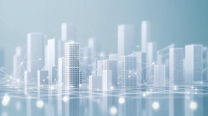 Abstract city model featuring glowing points and connecting lines, representing the integration of technology in a futuristic smart city environment.