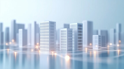 Miniature city model with connecting lines representing a smart city concept. Abstract background with white buildings and glowing points.