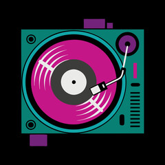 Obraz premium Turquoise vintage record player with pink vinyl record, retro 1980s style, neon colors, t-shirt print on black background